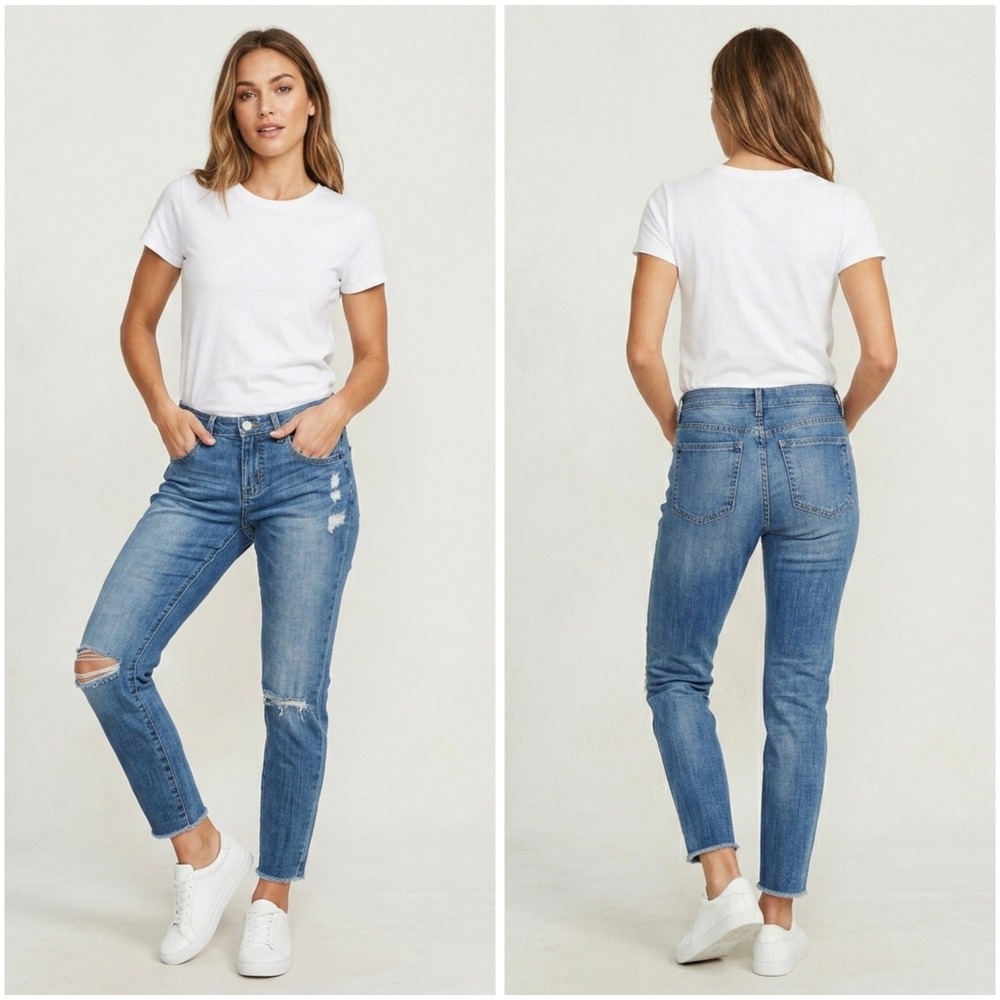 Mossimo Denim Boyfriend Crop Jeans Medium Wash Distressed Raw Hem 00/24 Womens‎